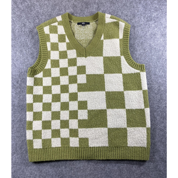Vans Sweater Vest Womens XS/S Green White Checkerboard Knit V Neck Sleeveless - Picture 1 of 10
